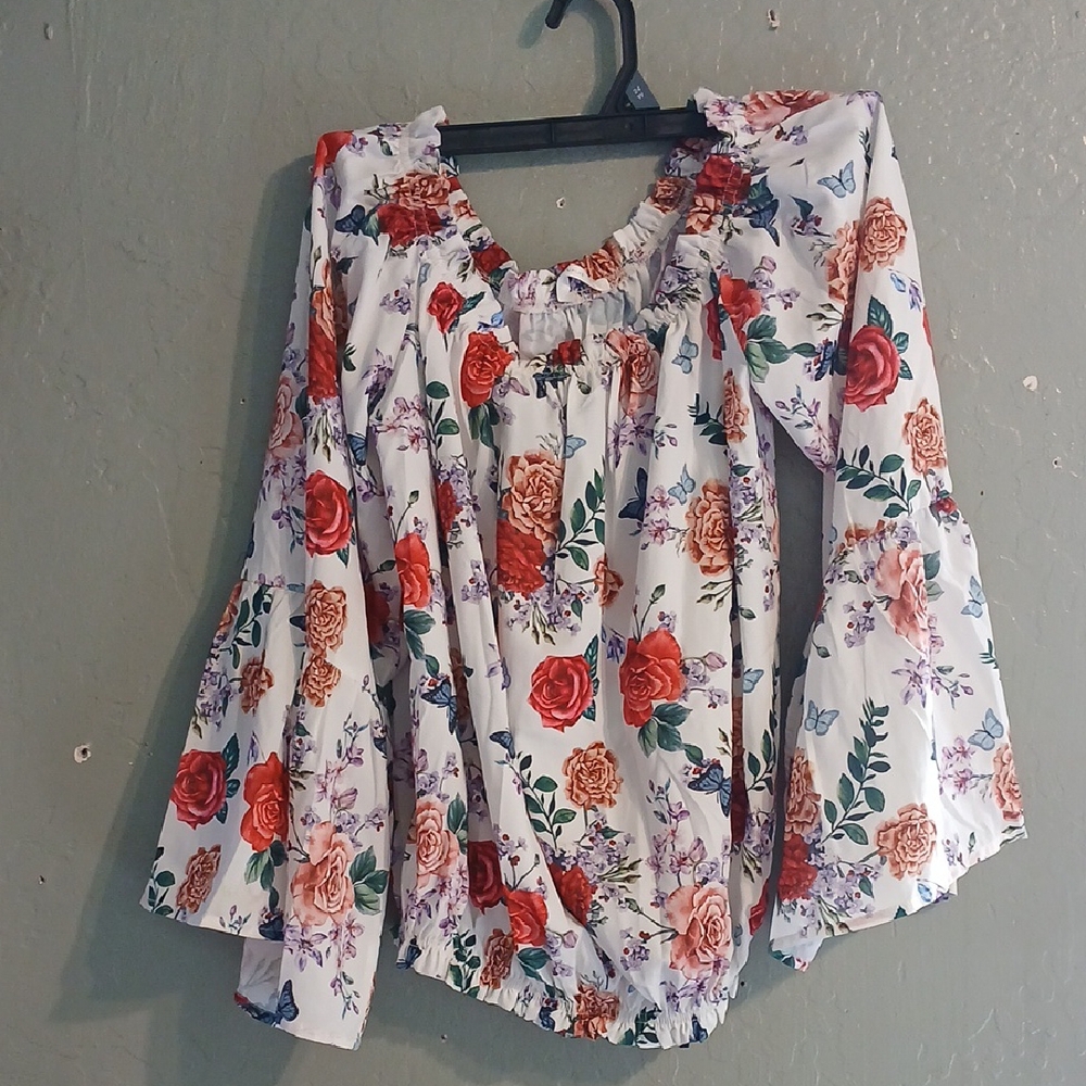 Cupshe Red Floral Ruffled Long Sleeve Bell Sleeve Top woman's L - Picture 1 of 6